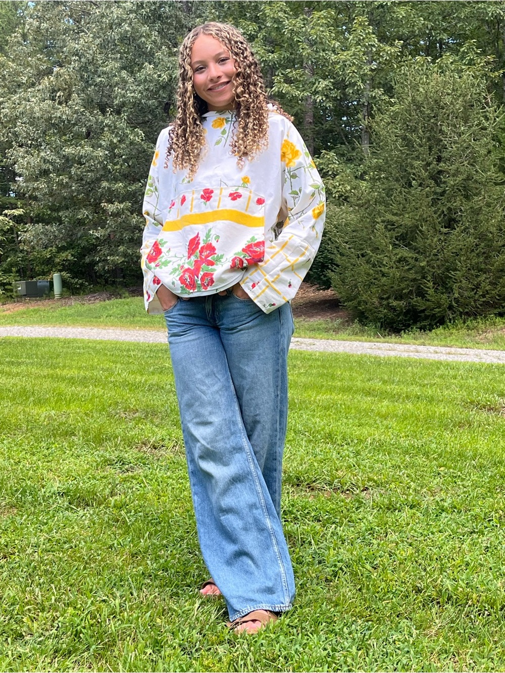 White Floral Embroidered Pullover Hoodie with Yellow & Red Accents